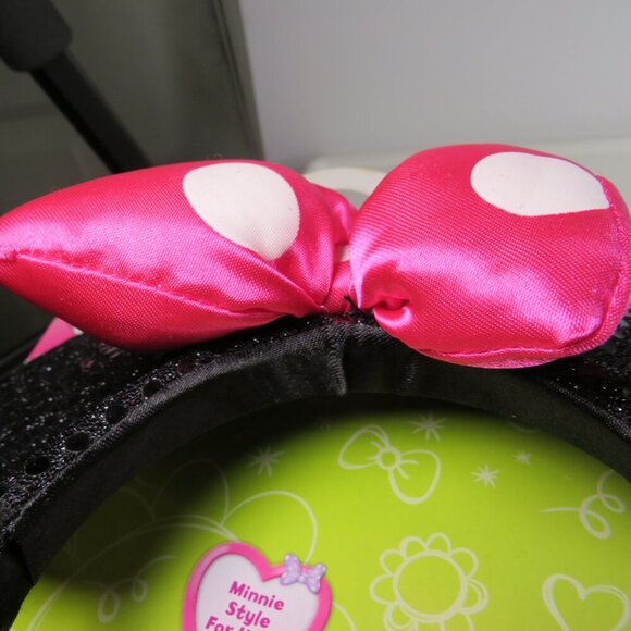 Minnie Mouse headband with sequins fabric ears, satin puffy pink polka dot bow - Picture 5 of 7